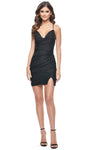 Sophisticated V-neck Jersey Slit Lace-Up Beaded Ruched Sheath Cowl Neck Cocktail Short Natural Waistline Spaghetti Strap Sheath Dress With Rhinestones