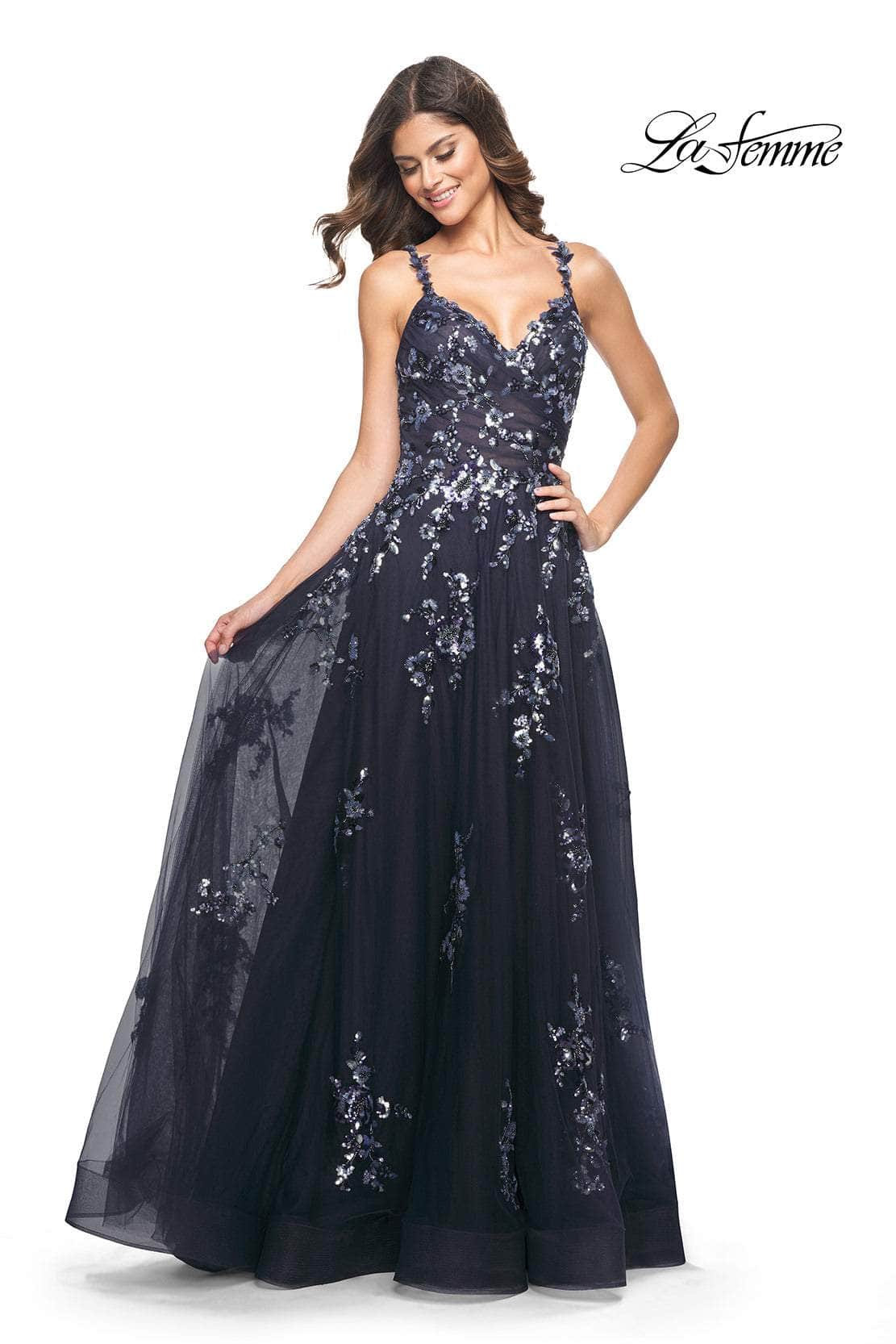 La Femme 31936 - Floral Applique V-Neck Prom Gown
