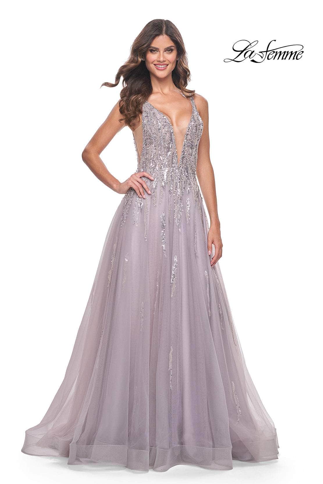 La Femme 31995 - Plunging V-Neck Sequin Tulle Prom Gown
