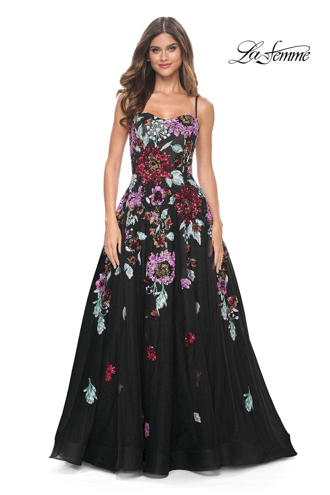 La Femme 32019 - Floral Sequin Embellished A-Line Prom Gown
