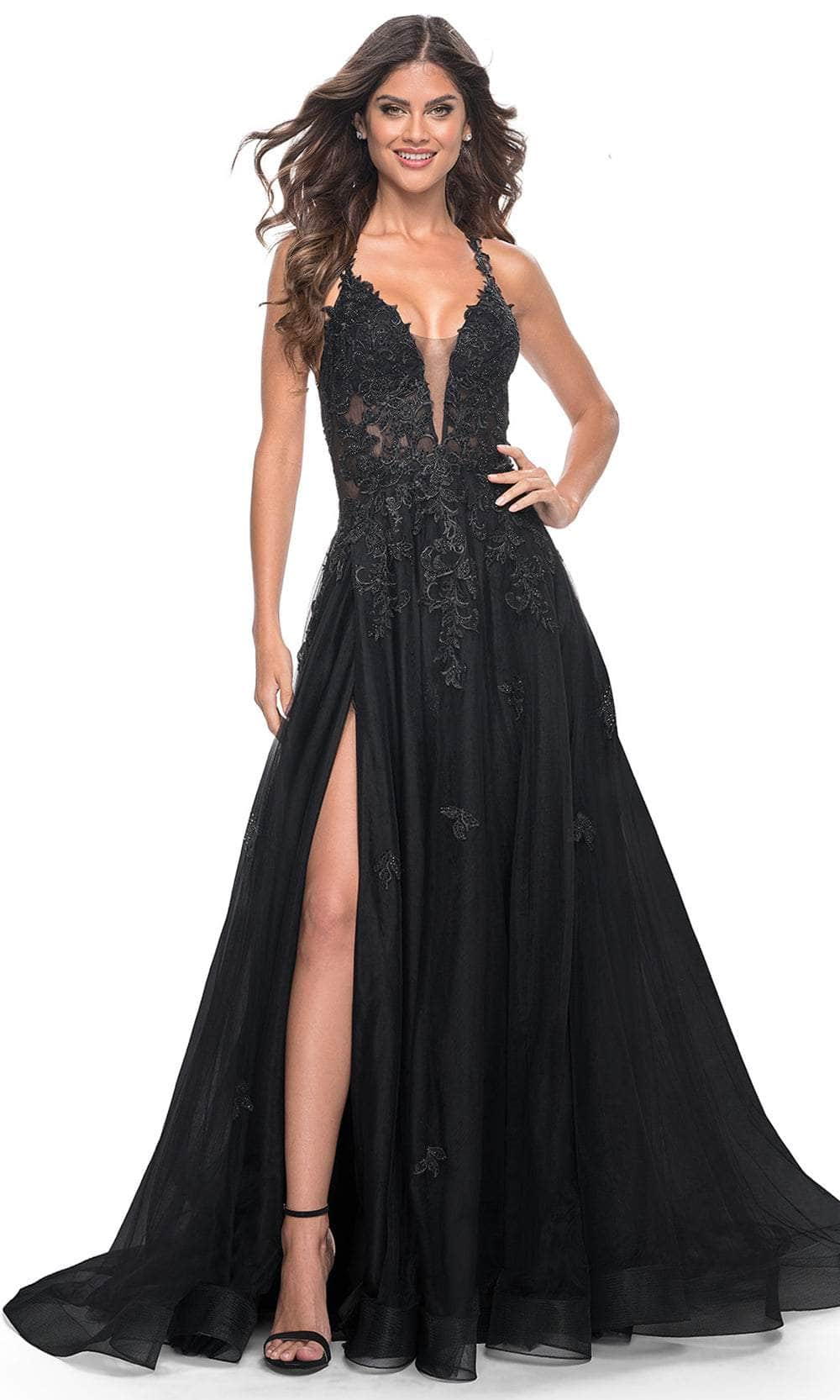 La Femme 32022 - Plunging Neckline Embroidered Prom Dress
