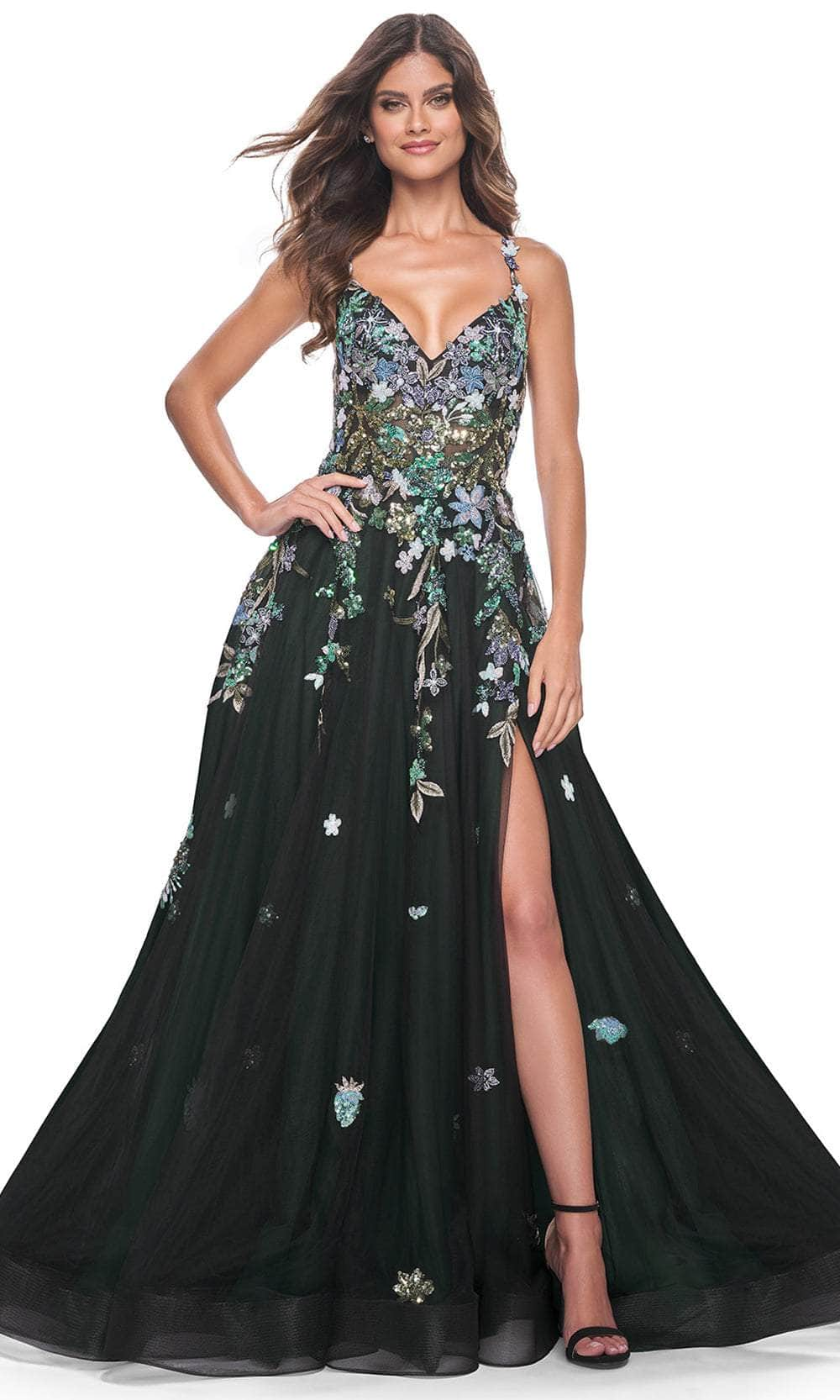 La Femme 32023 - A-Line Floral Appliqued Prom Gown
