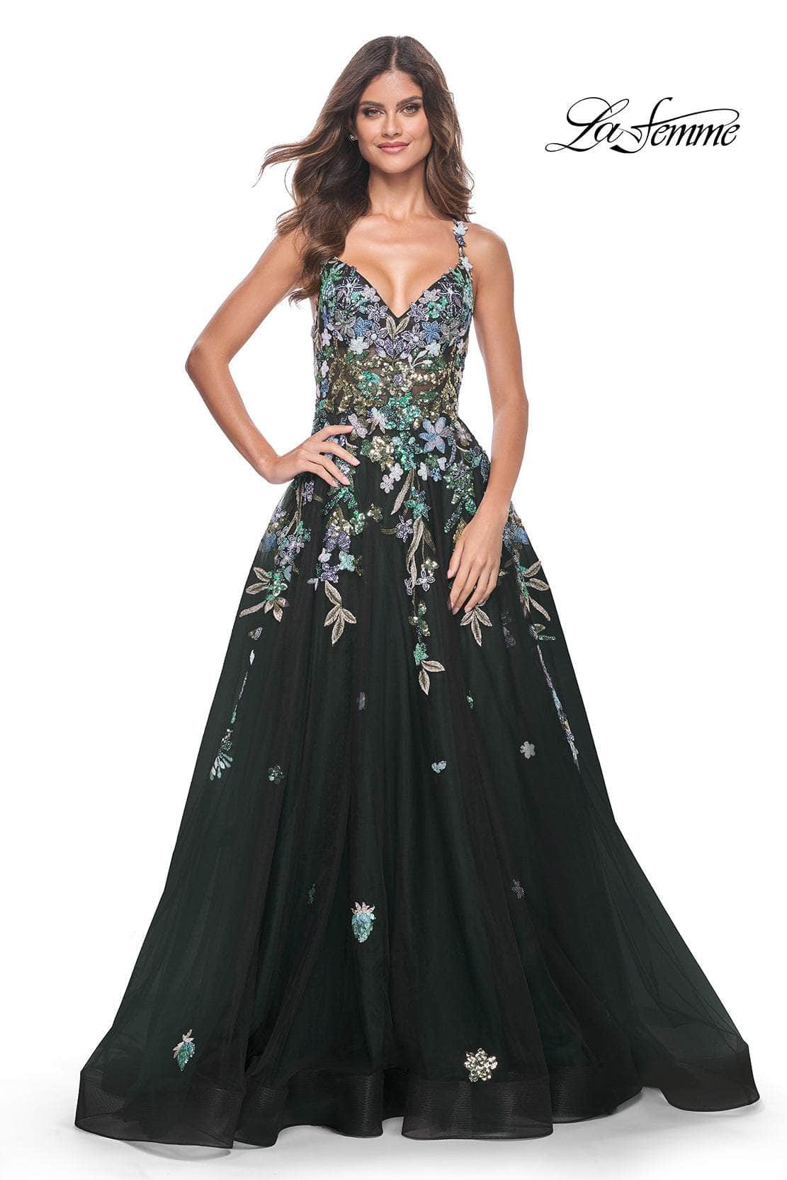 La Femme 32023 - A-Line Floral Appliqued Prom Gown
