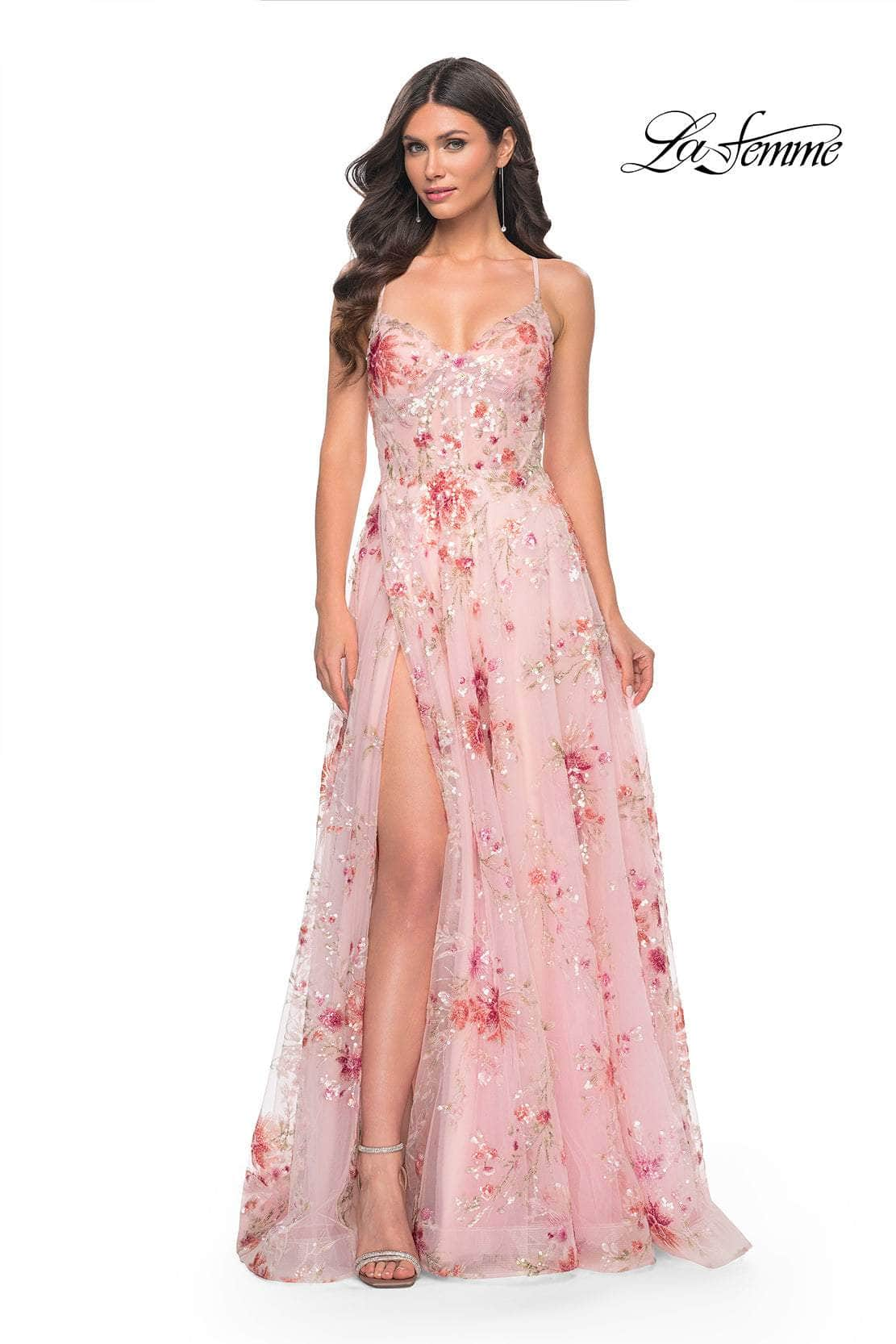 La Femme 32031 - V-Neck Floral Sequin Prom Gown
