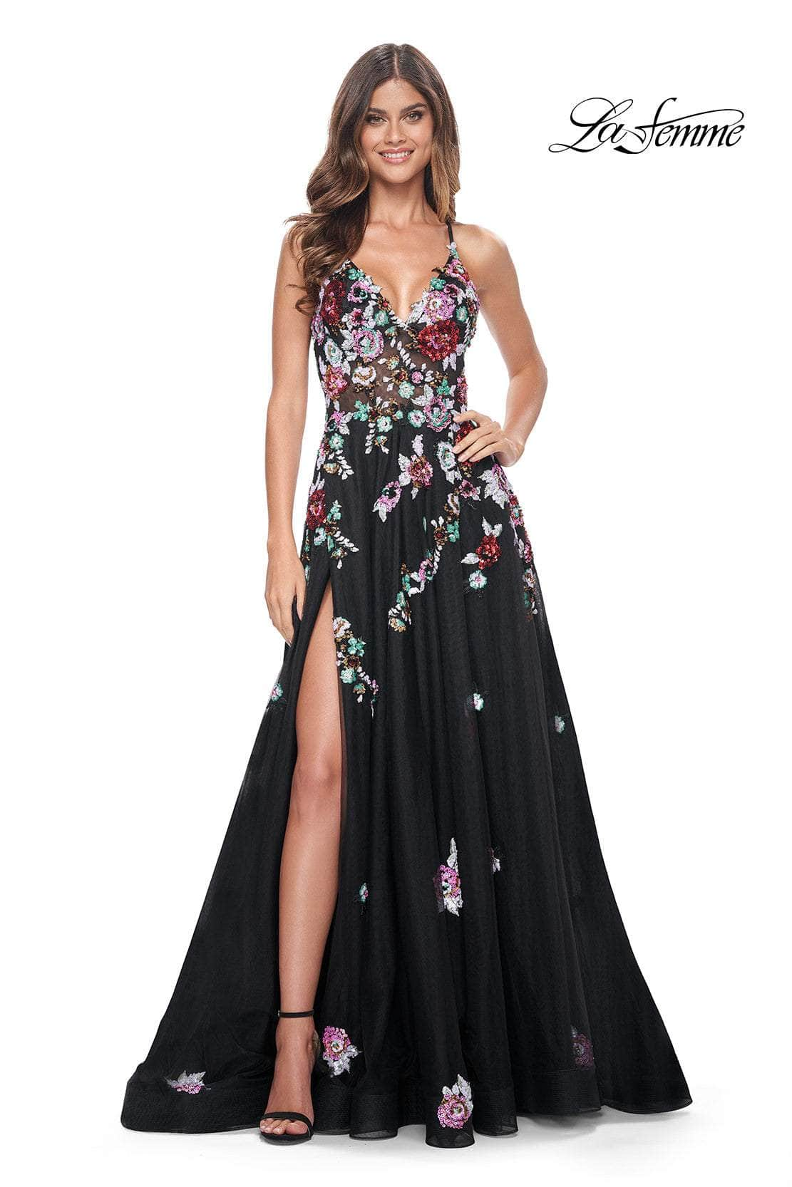 La Femme 32051 - Floral Sequin V-Neck Prom Gown
