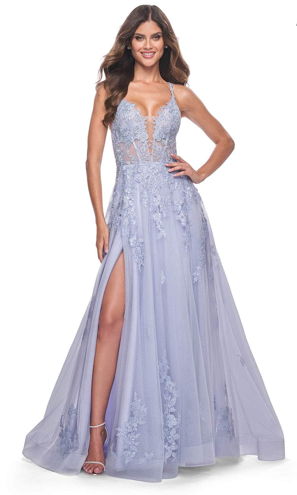 La Femme 32062 - Lace Appliqued Plunging Prom Dress
