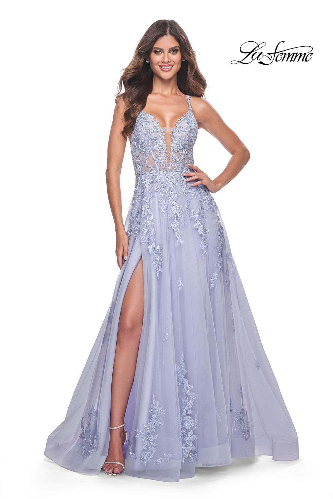 La Femme 32062 - Lace Appliqued Plunging Prom Dress
