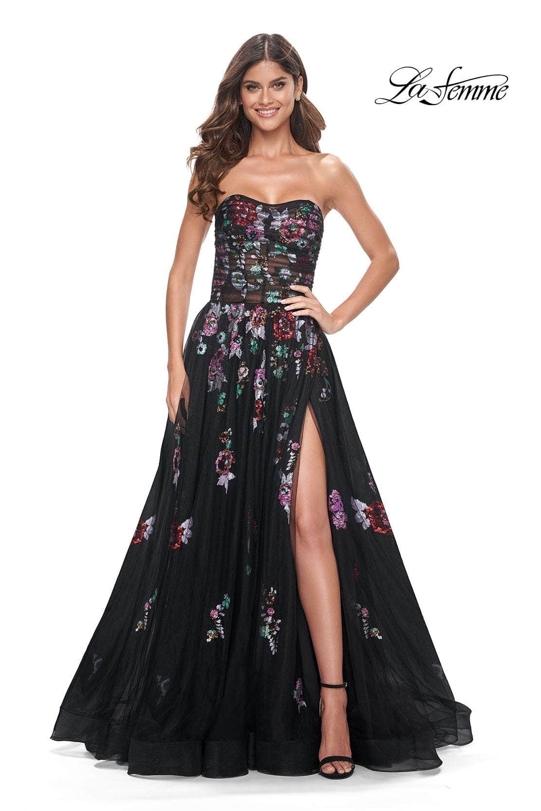 La Femme 32072 - Strapless Floral Sequin Embellished Prom Gown
