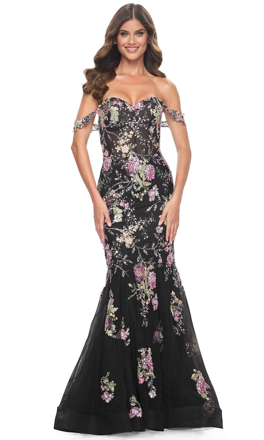 La Femme 32087 - Floral Sequin Embellished Off-Shoulder Prom Gown
