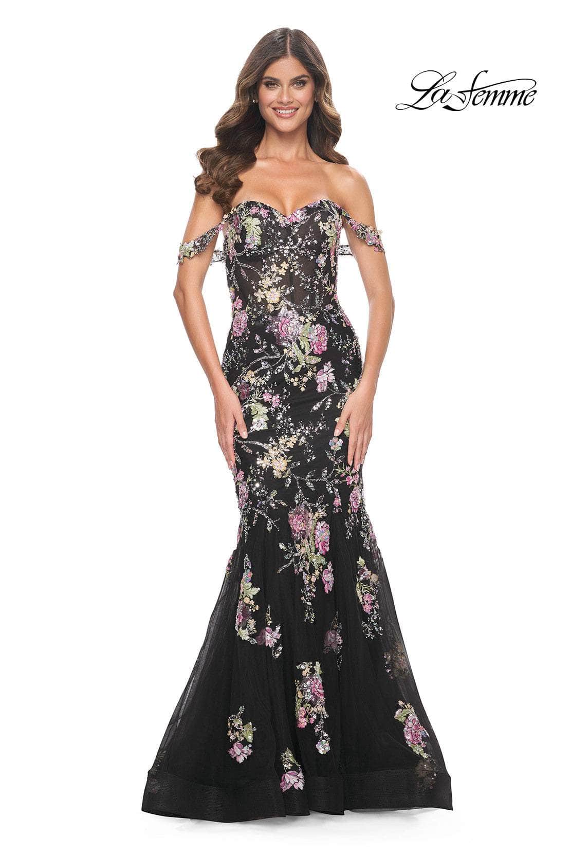 La Femme 32087 - Floral Sequin Embellished Off-Shoulder Prom Gown
