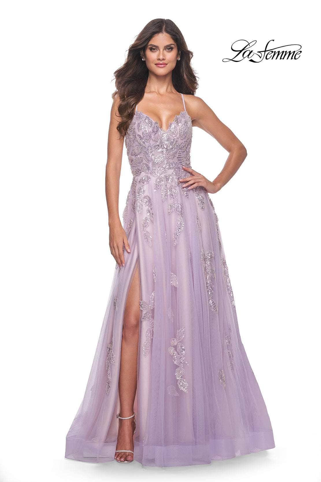 La Femme 32090 - V-Neck Beaded Foliage Prom Gown
