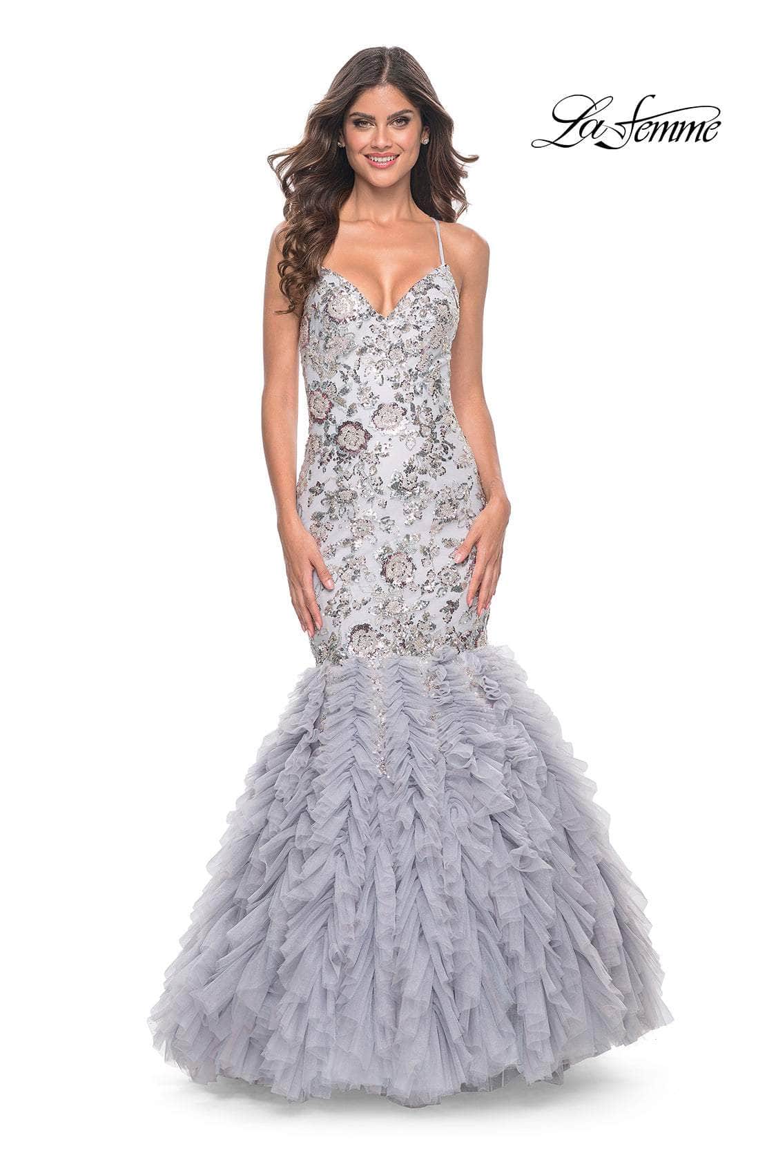 La Femme 32105 - Lace-Up Back Ruffled Mermaid Prom Gown
