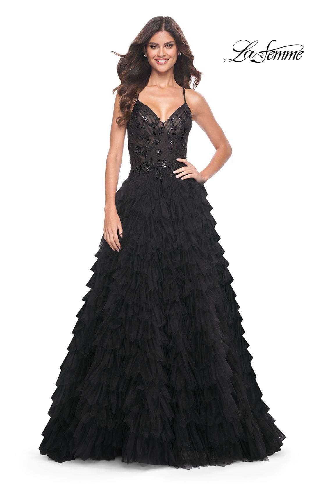 La Femme 32108 - Ruffle Detailed A-Line Prom Gown
