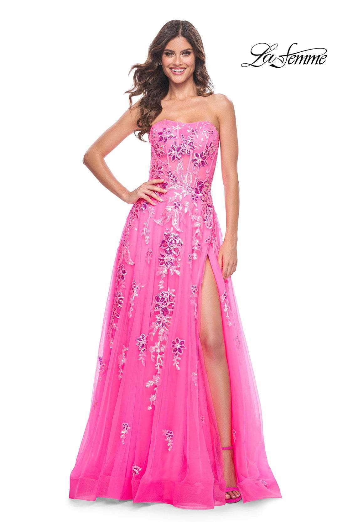 La Femme 32137 - Strapless Sequin Floral Prom Gown

