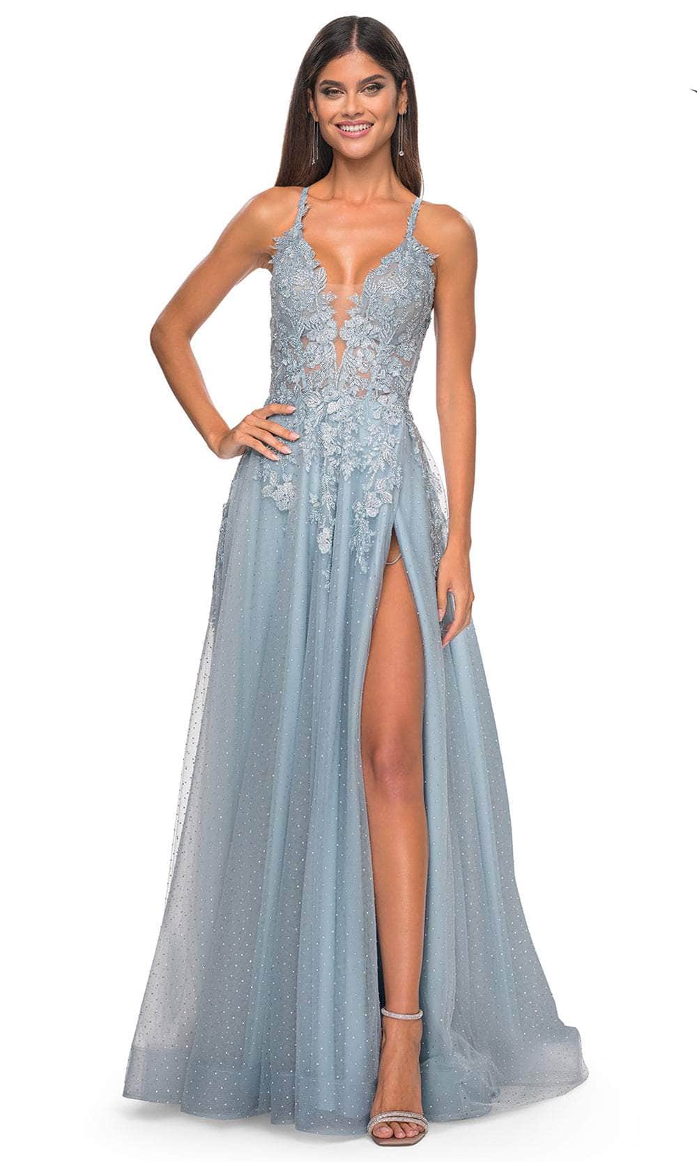 La Femme 32147 - Lace Applique Prom Dress with Slit
