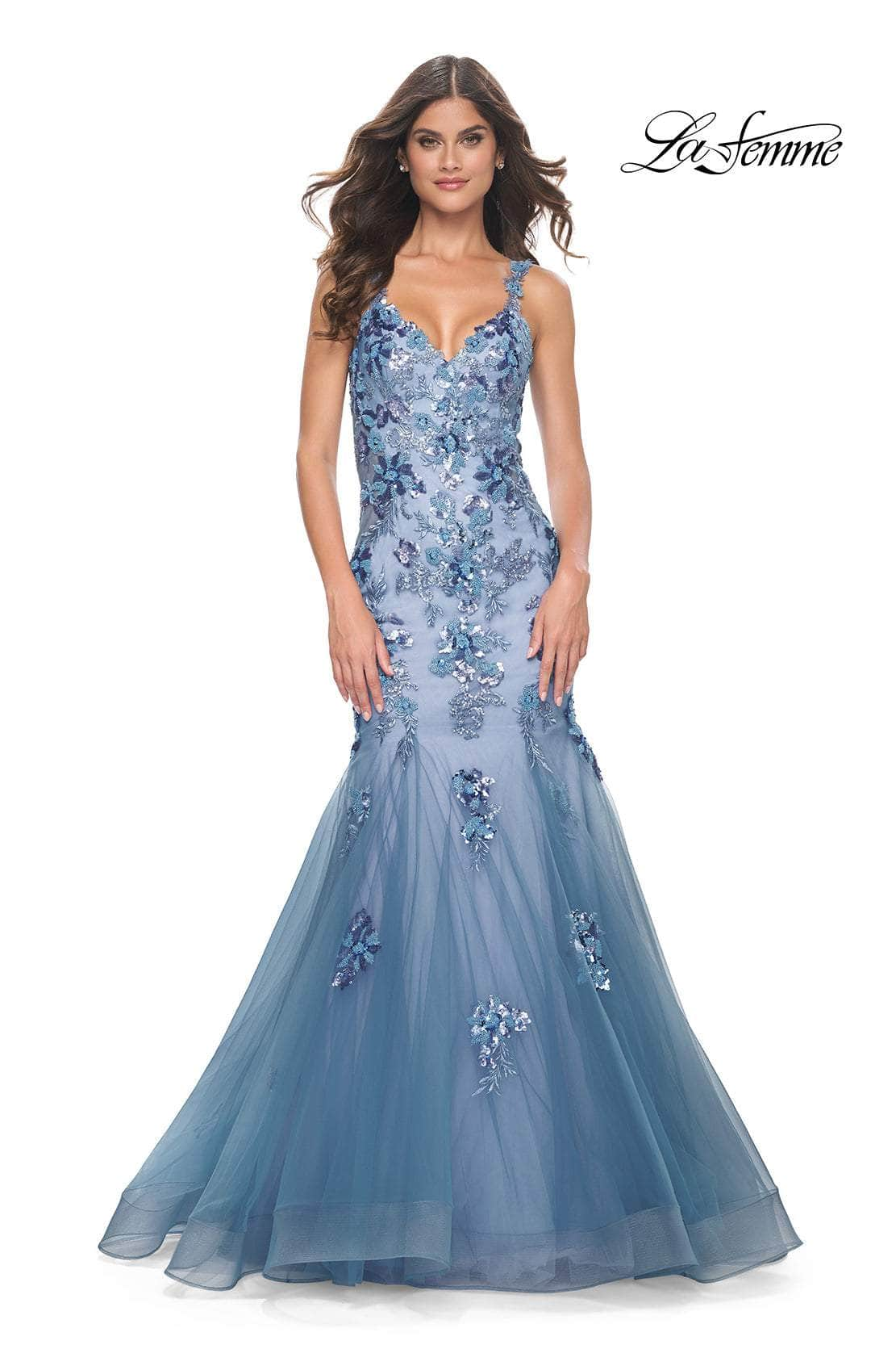 La Femme 32192 - Floral Applique Open Back Prom Gown
