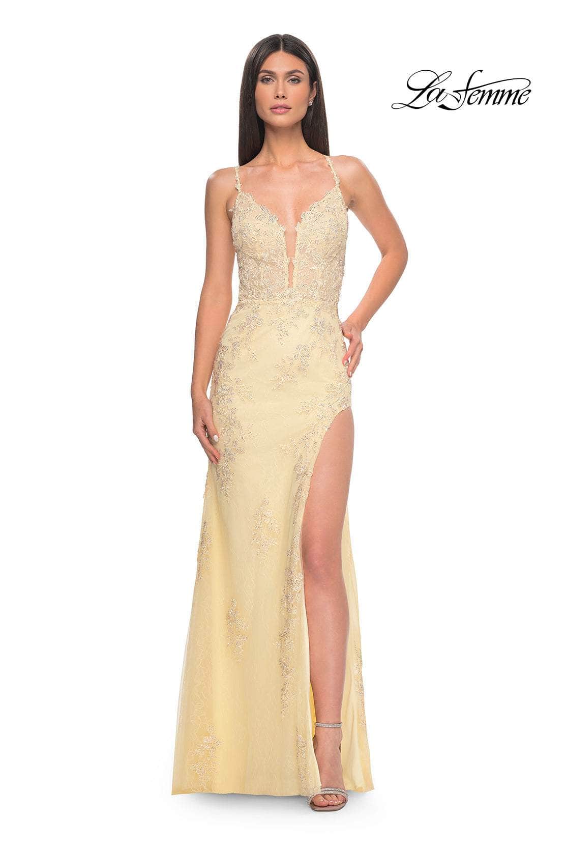 La Femme 32205 - Embroidered Plunging Neckline Prom Gown
