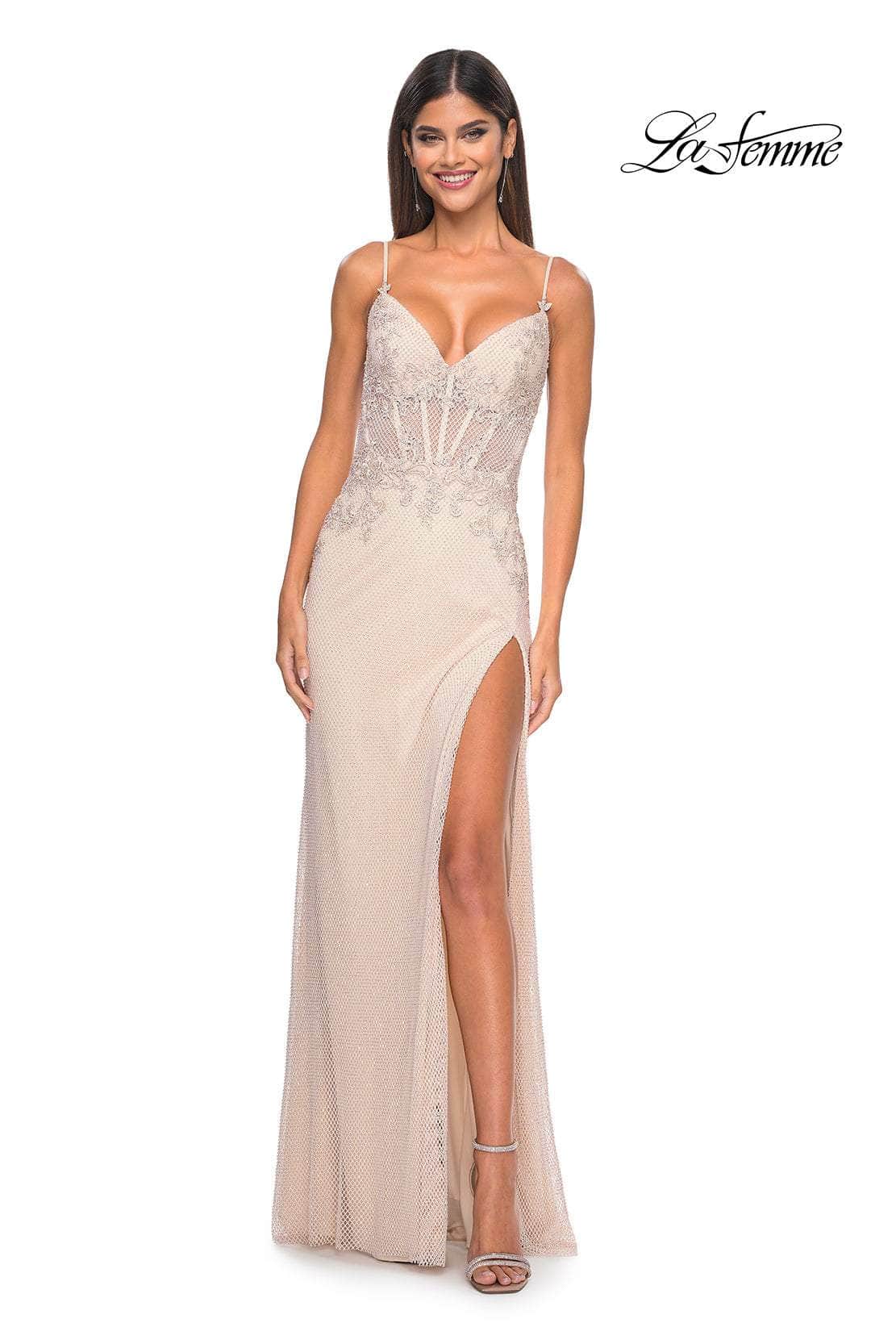 La Femme 32292 - Deep V-Neck Sheer Corset Prom Gown
