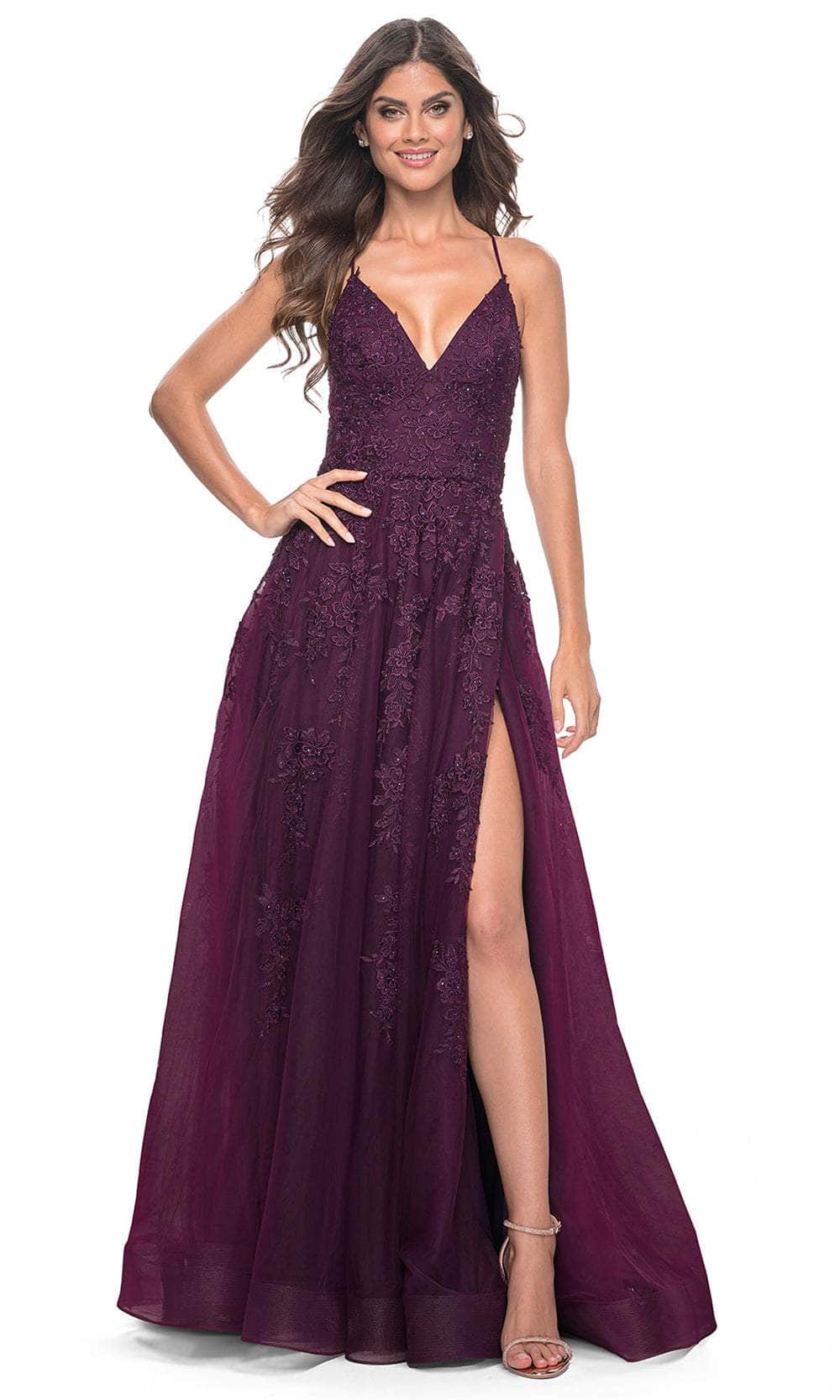 La Femme 32303 - V-Neck Embroidered Tulle Prom Gown
