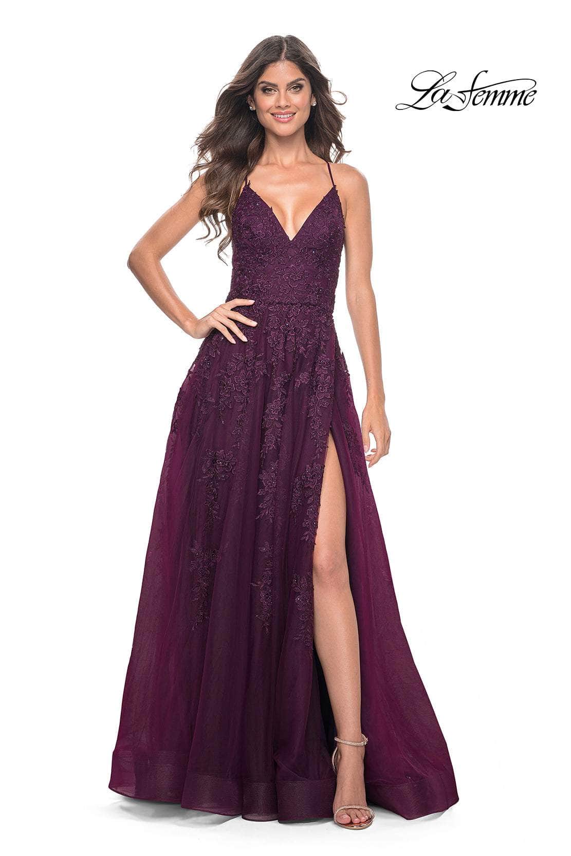 La Femme 32303 - V-Neck Embroidered Tulle Prom Gown
