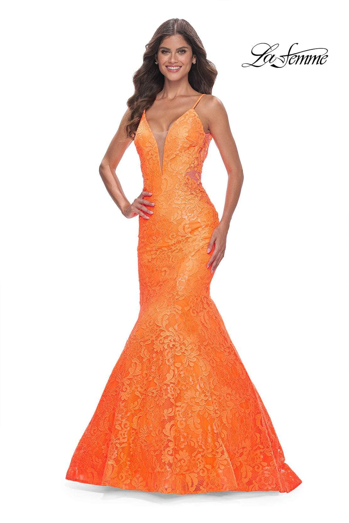 La Femme 32314 - Plunging Neckline Floral Lace Prom Gown
