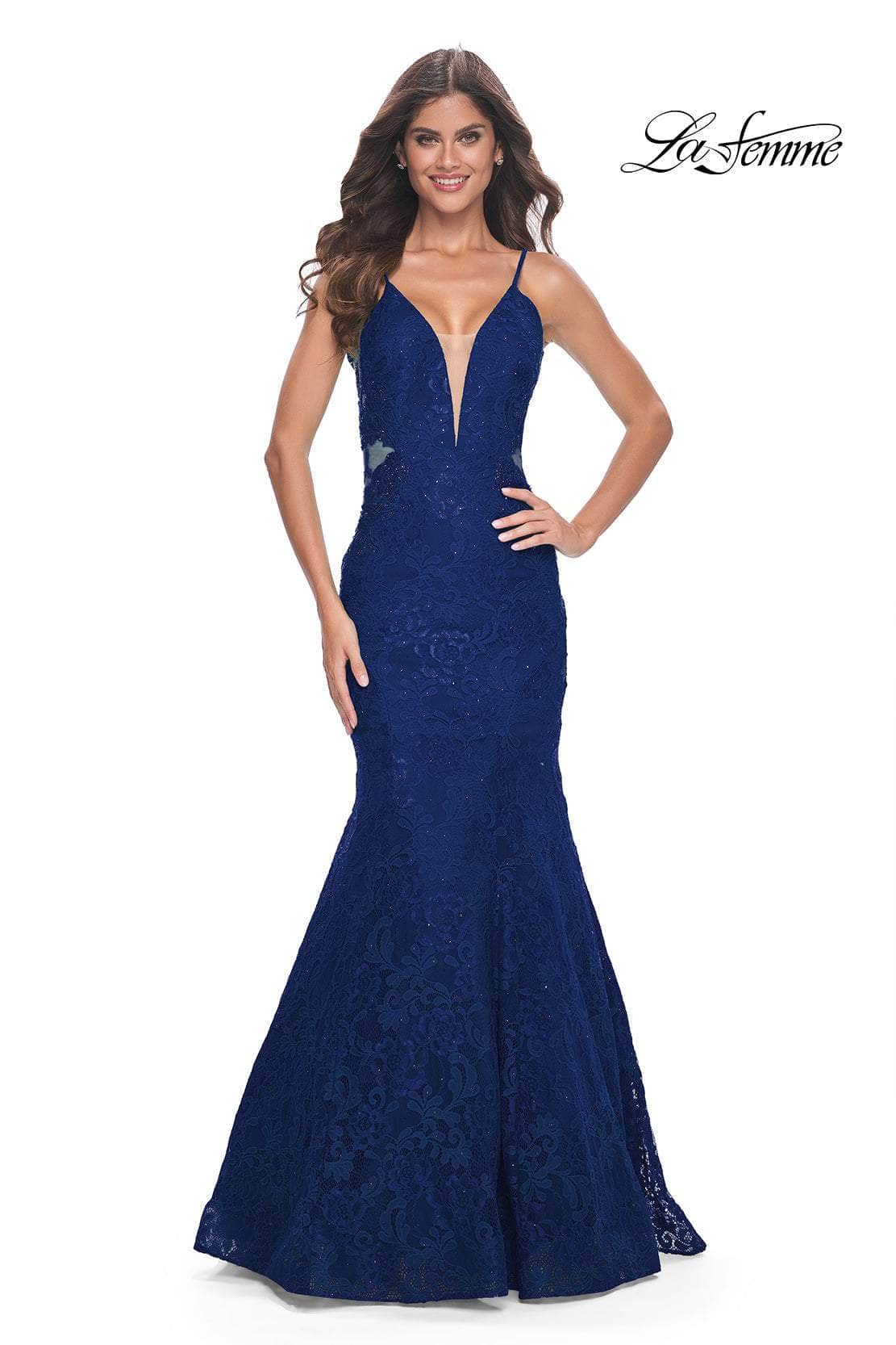 La Femme 32315 - V-Neck Lace Mermaid Prom Gown
