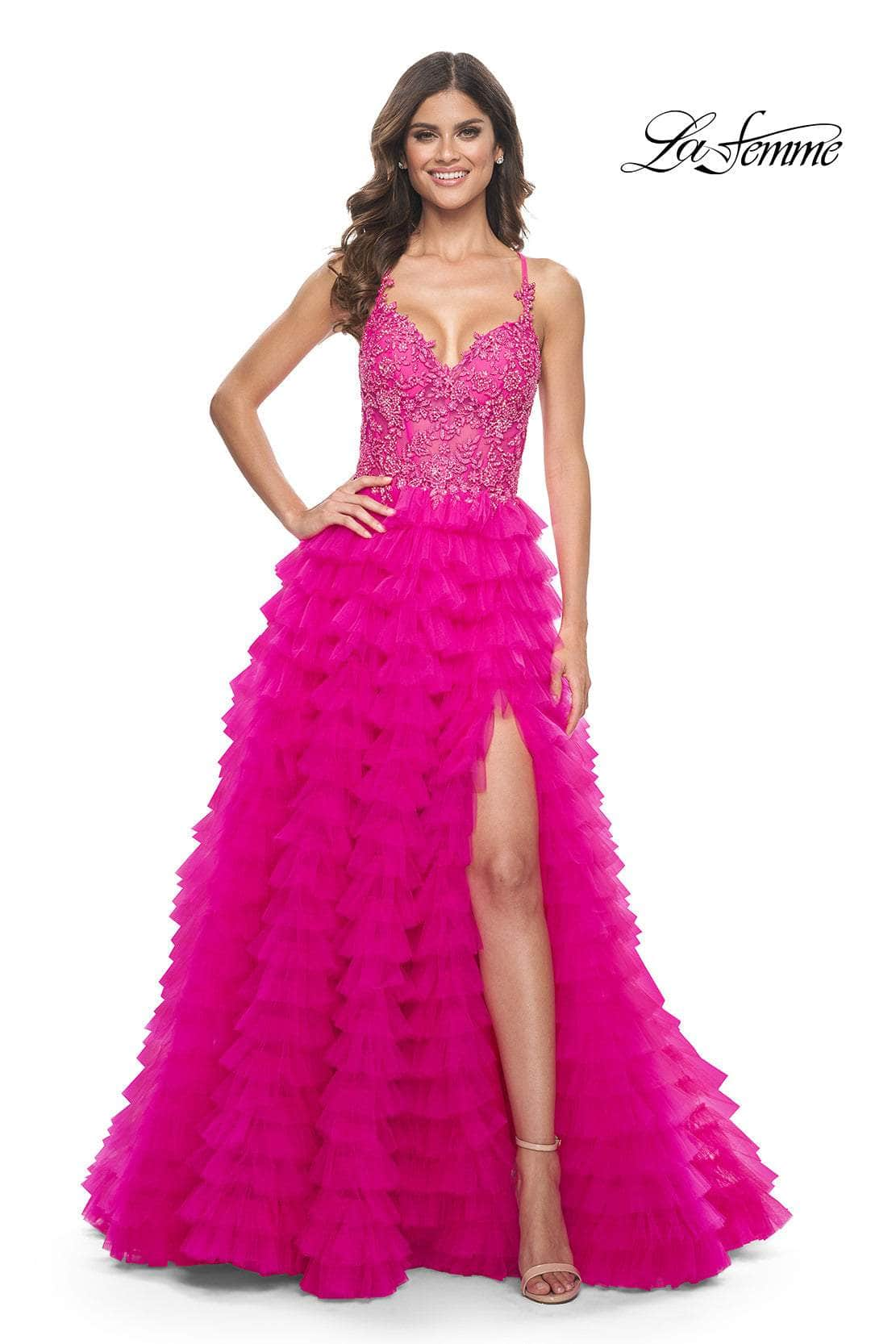 La Femme 32334 - Lace Applique Ruffled A-Line Prom Gown
