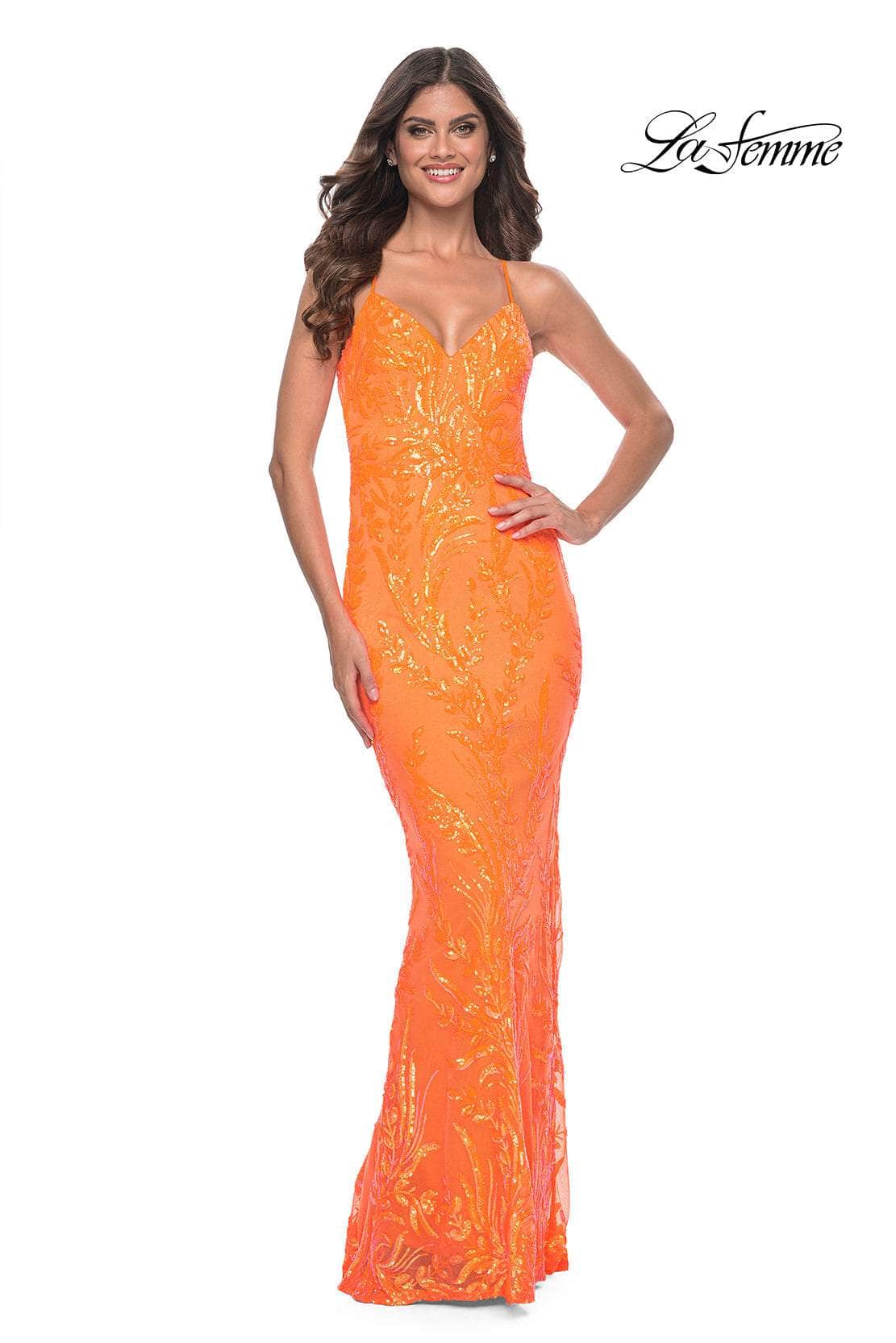 La Femme 32343 - Sleeveless Leaf Designed Prom Dress
