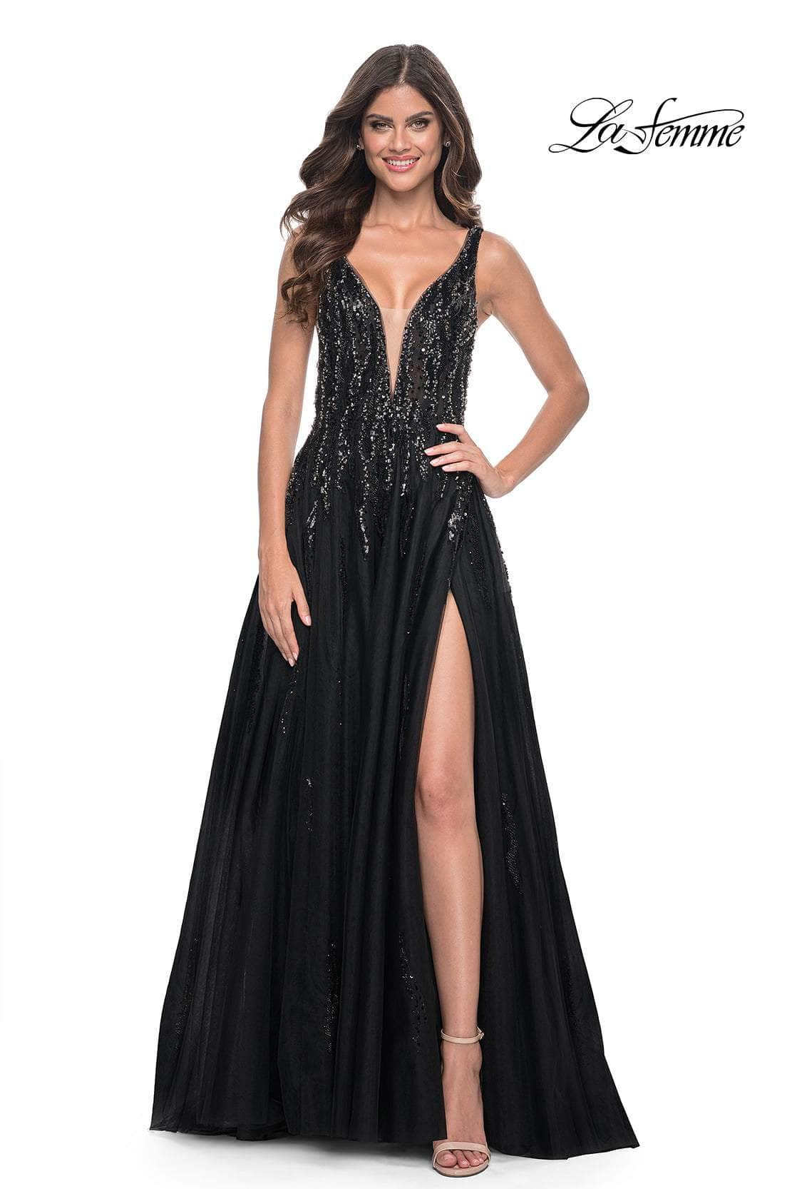 La Femme 32345 - Plunging V-Neck Rhinestone Embellished Prom Gown
