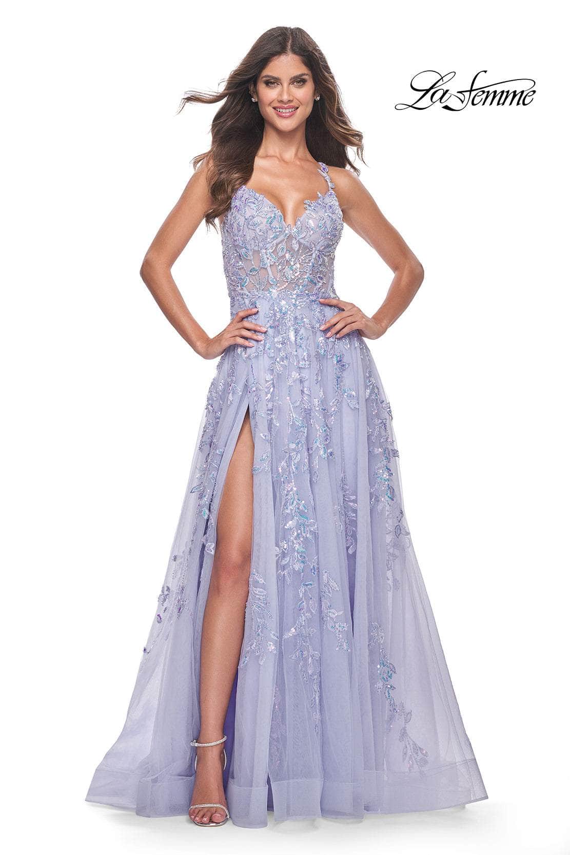 La Femme 32349 - V-Neck Lace Applique Prom Gown

