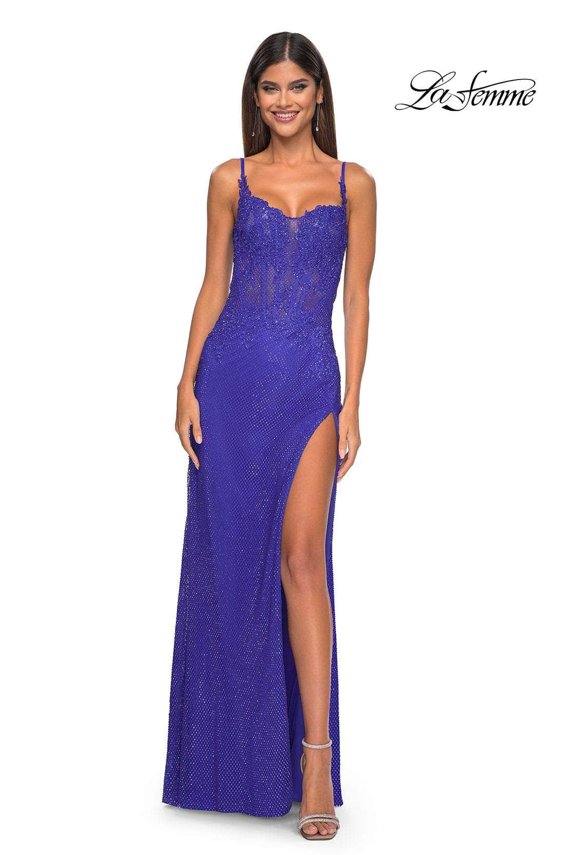 La Femme 32409 - Spaghetti Strap Beaded Appliqued Prom Gown
