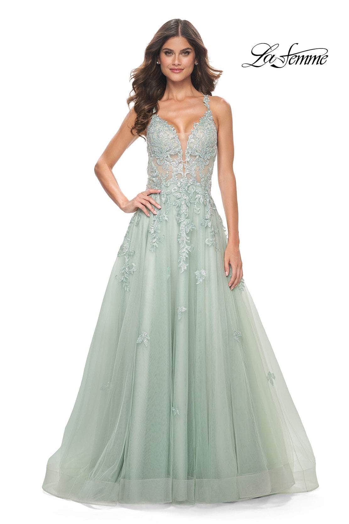 La Femme 32438 - Lace Applique Deep V-Neck Prom Gown
