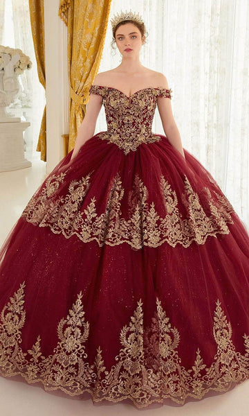 Off the Shoulder Corset Natural Waistline Sheer Lace-Up Tiered Applique Sweetheart Ball Gown Dress