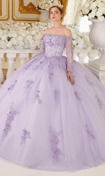 Straight Neck Natural Waistline Beaded Applique Tiered Floral Print Long Sleeves Off the Shoulder Full-Skirt Ball Gown Dress