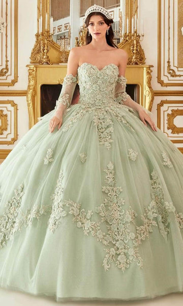 Strapless Tulle Floral Print Sweetheart Lace-Up Sheer Applique Sheer Sleeves Natural Waistline Ball Gown Dress