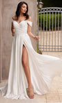 Sophisticated A-line Off the Shoulder Satin Gathered Slit Sweetheart Natural Waistline Wedding Dress