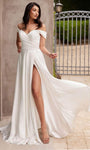 Sophisticated A-line Sweetheart Slit Gathered Off the Shoulder Satin Natural Waistline Wedding Dress