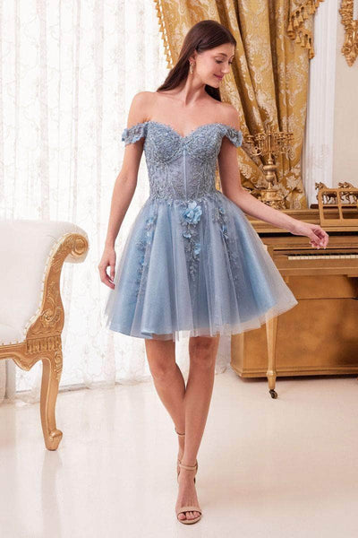 A-line Floral Print Above the Knee Lace Back Zipper Open-Back Applique Beaded Glittering Sweetheart Corset Natural Waistline Off the Shoulder Prom Dress