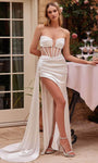 Strapless Satin Sheath Corset Natural Waistline Back Zipper Slit Fitted Sheer Gathered Sheath Dress/Wedding Dress