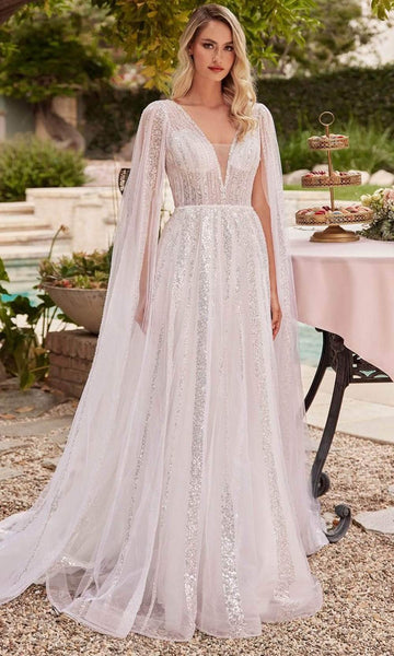 Sophisticated A-line V-neck Back Zipper Sequined Sheer Natural Waistline Tulle Plunging Neck Striped Print Long Sleeves Wedding Dress