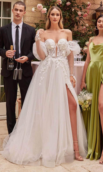 Sophisticated A-line V-neck Strapless Puff Sleeves Sleeves Natural Waistline Plunging Neck Sheer Applique Slit Wedding Dress
