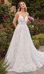Sophisticated A-line V-neck Floral Print Applique Open-Back Sheer Plunging Neck Natural Waistline Sleeveless Wedding Dress