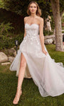 A-line Strapless Sweetheart Natural Waistline Applique Pleated Slit Sheer Wedding Dress with a Brush/Sweep Train With Ruffles