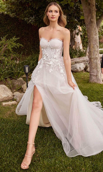 A-line Strapless Sweetheart Applique Slit Sheer Pleated Natural Waistline Wedding Dress with a Brush/Sweep Train With Ruffles