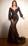 Sophisticated V-neck Applique Fitted Beaded Embroidered Crystal Sheer Plunging Neck Natural Waistline Sheath Puff Sleeves Sleeves Sheath Dress with a Brush/Sweep Train