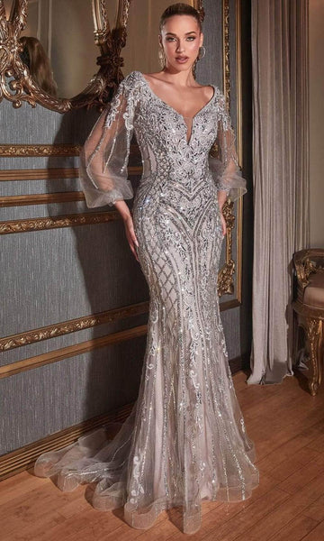 Sophisticated V-neck Natural Waistline Plunging Neck Applique Embroidered Sheer Fitted Crystal Beaded Sheath Puff Sleeves Sleeves Sheath Dress with a Brush/Sweep Train