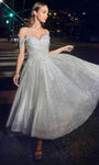 Sophisticated A-line Off the Shoulder Tea Length Natural Waistline Sweetheart Ruched Fitted Vintage Glittering Dress