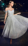 Sophisticated A-line Glittering Vintage Ruched Fitted Off the Shoulder Natural Waistline Tea Length Sweetheart Dress