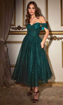 A-line Back Zipper Glittering Ruched Pleated Sweetheart Natural Waistline Tulle Tea Length Off the Shoulder Dress