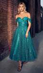 A-line Ruched Glittering Back Zipper Pleated Natural Waistline Tea Length Tulle Off the Shoulder Sweetheart Dress